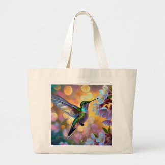 Grand Tote Bag Imaginaire de cerisier en fleurs Hummingbird