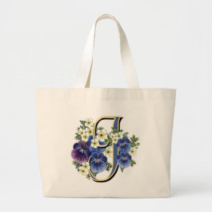 Grand Tote Bag Initiale peinte à la main de pensée - J