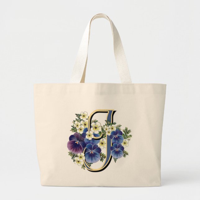 Grand Tote Bag Initiale peinte à la main de pensée - J (Devant)