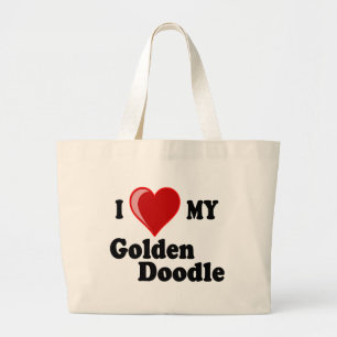 Grand Tote Bag J'aime (coeur) mon chien d'or de griffonnage