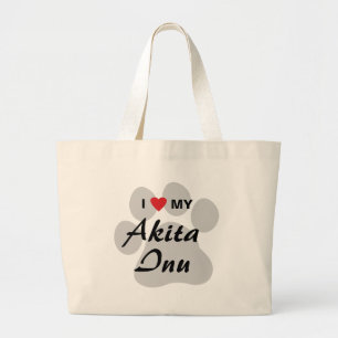 Grand Tote Bag J'aime (coeur) mon empreinte de patte d'Akita Inu