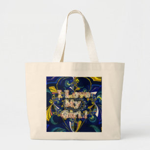 Grand Tote Bag J'aime ma fille : Art abstrait de fractales bleues
