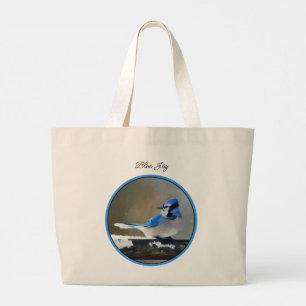 Grand Tote Bag Jay Bleu en hiver Peinture de neige Oiseau origina