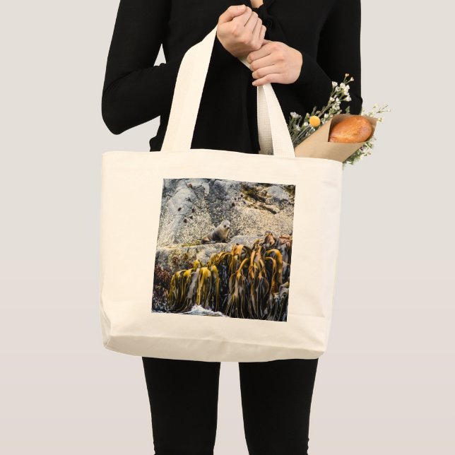 Grand Tote Bag Jeune Sceau De Fourrure Sur Le Rocher (Devant (produit))