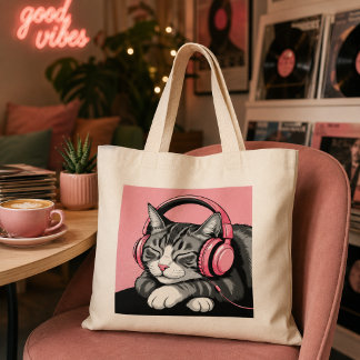 Grand Tote Bag Joli chat tabby écoutant de la musique avec des éc
