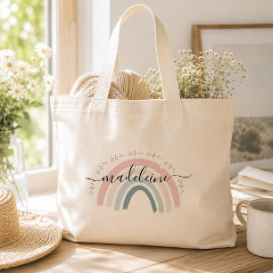 Grand Tote Bag Joli nom personnalisé écriture manuscrite arc-en-c