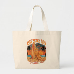 Grand Tote Bag Jours de plage avec chat - Chat tigré orange rétro