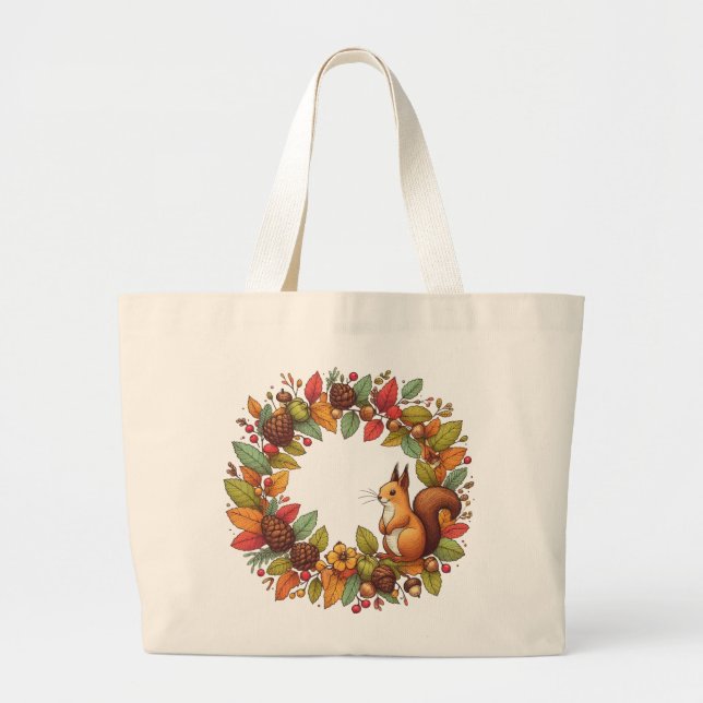 Grand Tote Bag Joyeux écureuil en feuille d'automne (Devant)