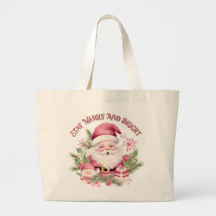 Grand Tote Bag Joyeux et lumineux - Père Noël rose