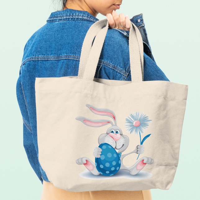 Grand Tote Bag Joyeux Lapin De Pâques Tenant Fleur Et Oeuf (Créateur téléchargé)