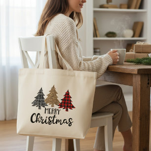 Grand Tote Bag Joyeux Noël Plaid Arbres de Noël
