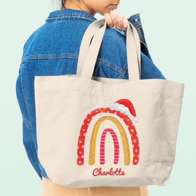 Grand Tote Bag Joyeux Noël Santa Hat Rainbow Tot personnalisé (Créateur téléchargé)