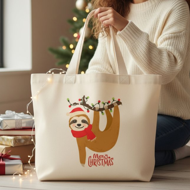 Grand Tote Bag Joyeux Noël Sloth mignonne Festivals Vacances (Créateur téléchargé)