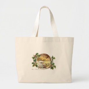 Grand Tote Bag Joyeux voeux de Noël Scène Village Vintage