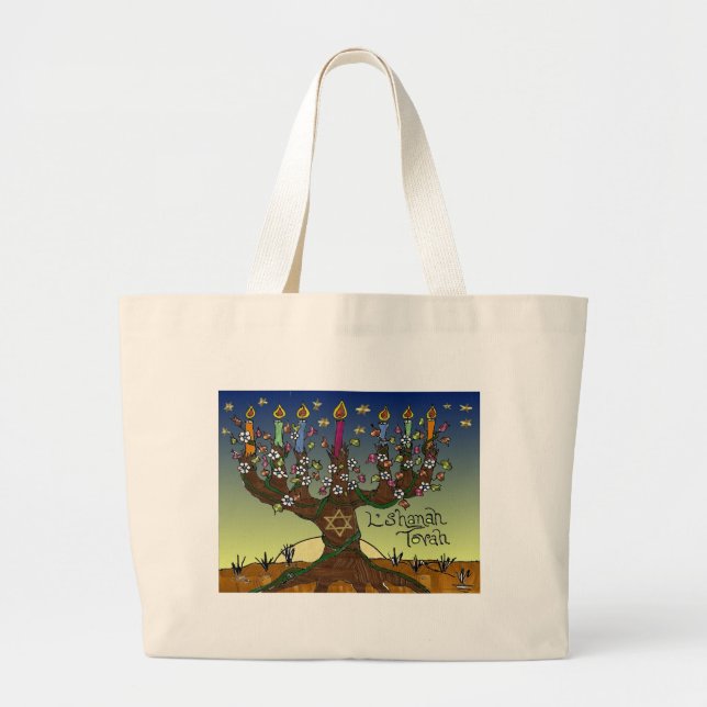 Grand Tote Bag Judaica L'shanah Tovah Arbre de vie Dons Vêtements (Devant)