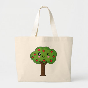 Grand Tote Bag Kawaii Joyeux Pommier À Voie
