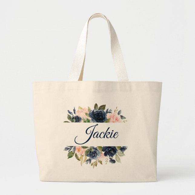 Grand Tote Bag La marine et rougissent floral personnalisé (Devant)