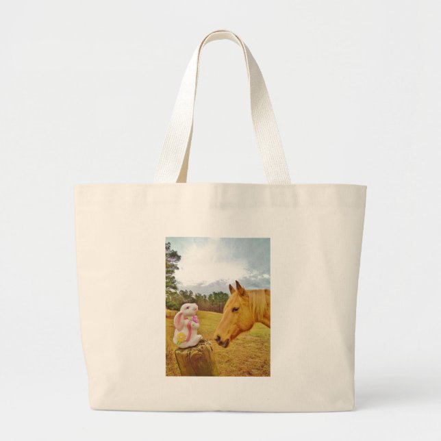 Grand Tote Bag Lapin blanc et Cheval jaune (Devant)