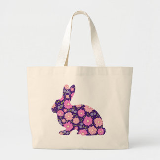 Grand Tote Bag Lapin rétro rose et fleurs