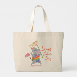 Grand Tote Bag Le petit Hippo arc-en-ciel qui coule sur la plage