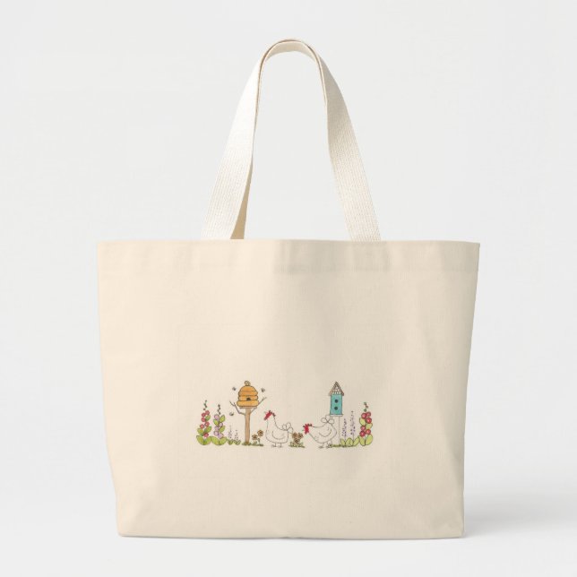 Grand Tote Bag Les poules dans un jardin de campagne (Devant)