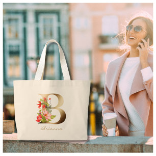 Grand Tote Bag Lettre B Élégant Monogramme Floral Or