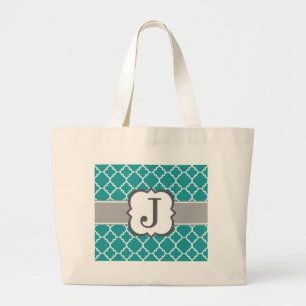 Grand Tote Bag Lettre bleue turquoise J Quatrefoil de monogramme