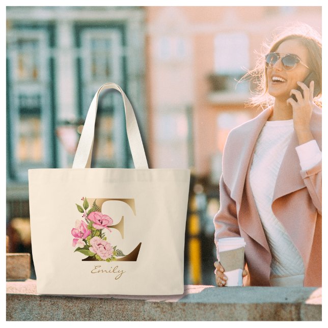 Grand Tote Bag Lettre E Monogramme Or Fleurs roses (Créateur téléchargé)