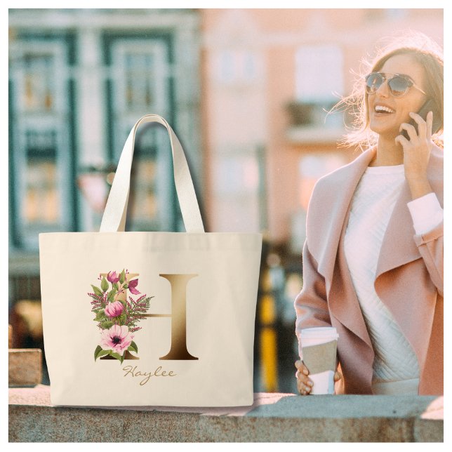 Grand Tote Bag Lettre H Élégant Monogramme Floral Or  (Créateur téléchargé)