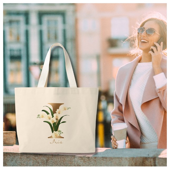 Grand Tote Bag Lettre I Élégant Monogramme Floral Or  (Créateur téléchargé)