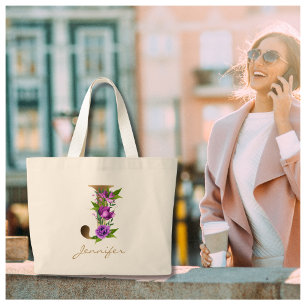 Grand Tote Bag Lettre J Elegant Floral Or Monogramme