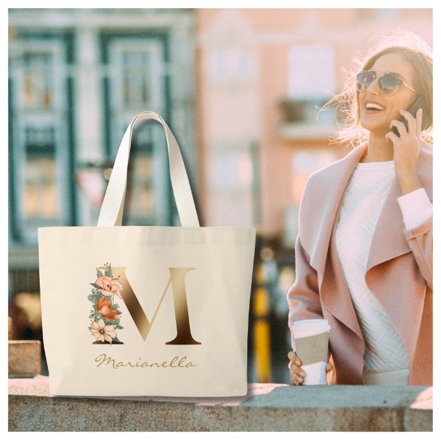 Grand Tote Bag Lettre M Élégant Monogramme Floral Or (Créateur téléchargé)