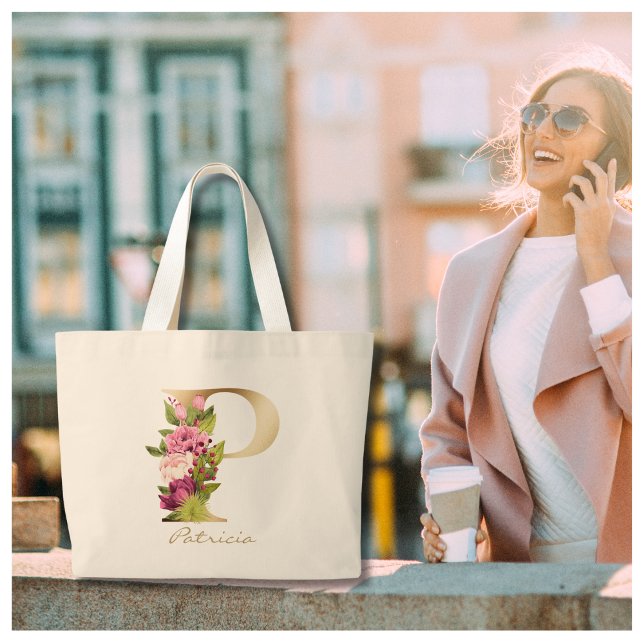 Grand Tote Bag Lettre P Élégant Monogramme Floral Or (Créateur téléchargé)