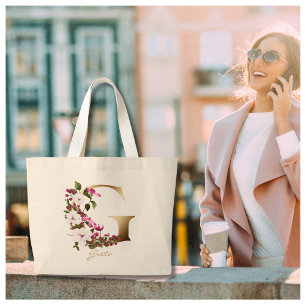 Grand Tote Bag Lettre personnalisée G Monogramme floral élégant d