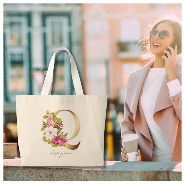 Grand Tote Bag Lettre Q Élégant or Floral Monogramme (Créateur téléchargé)