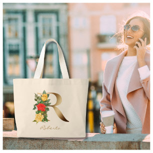 Grand Tote Bag Lettre R Élégant Monogramme Floral Or