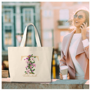 Grand Tote Bag Lettre T Élégant Monogramme Floral Or
