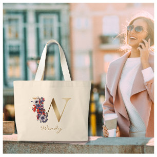 Grand Tote Bag Lettre W Monogramme or rouge blanc pourpre floral
