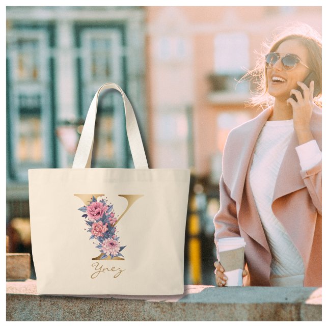 Grand Tote Bag Lettre Y Monogramme or rose bleu floral (Créateur téléchargé)