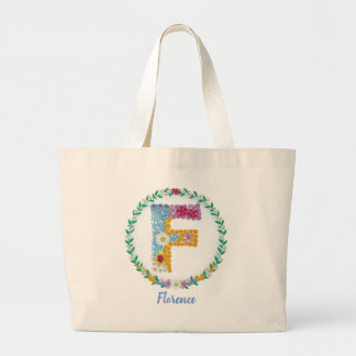 Grand Tote Bag Lettres de fleurs Initiale "F" avec nom personnali