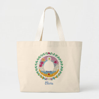 Grand Tote Bag Lettres de fleurs "O" initiales avec nom personnal