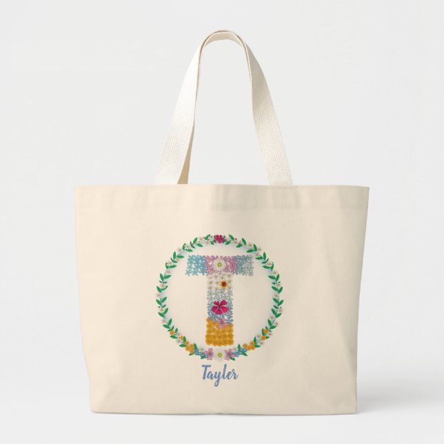 Grand Tote Bag Lettres de fleurs "T" initiales avec nom personnal (Devant)