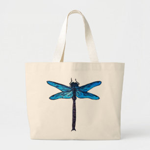 Grand Tote Bag Libellule japonaise vintage, bleu de saphir