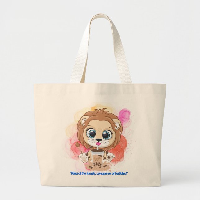 Grand Tote Bag Lion citation dessin à boire du bobba tea (Devant)