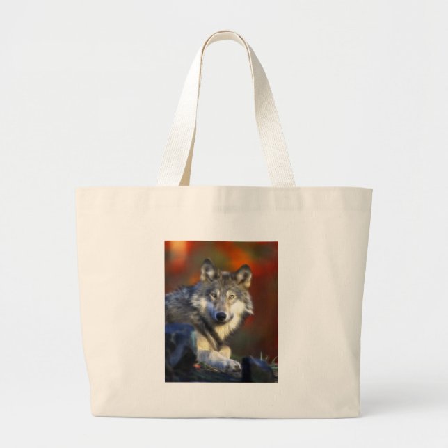 Grand Tote Bag Loup gris, photo numérique d'espèce menacée (Devant)