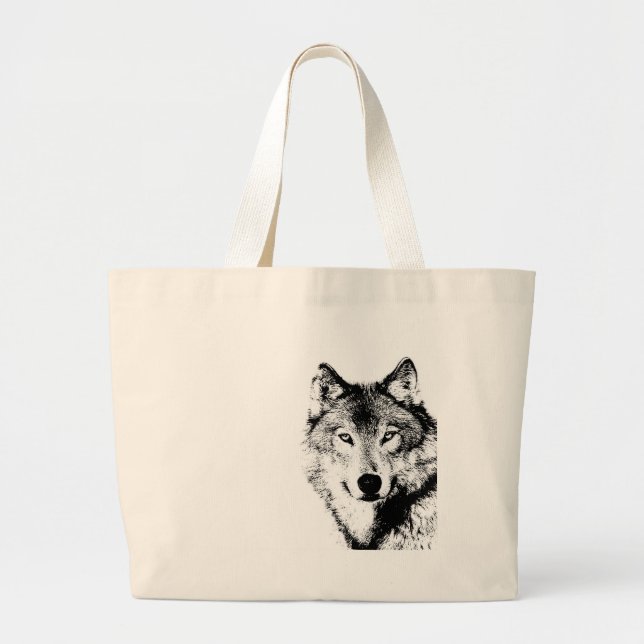 Grand Tote Bag Loup noir et blanc (Devant)