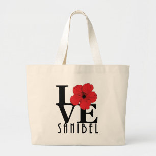 Grand Tote Bag LOVE Sanibel Red Hibiscus
