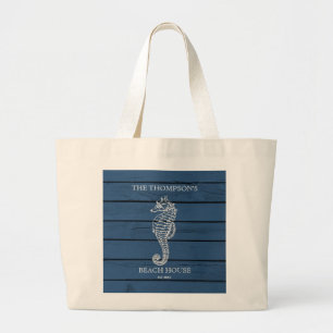 Grand Tote Bag Maison de plage Rustique Blue Wood Seahorse Lighth