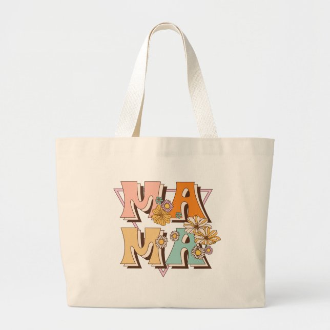 Grand Tote Bag Mama Retro Typographie Florale (Devant)