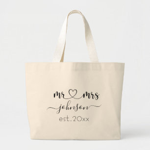 Grand Tote Bag Mariage Fiançailles Coeur M. Mme Nom personnalisé